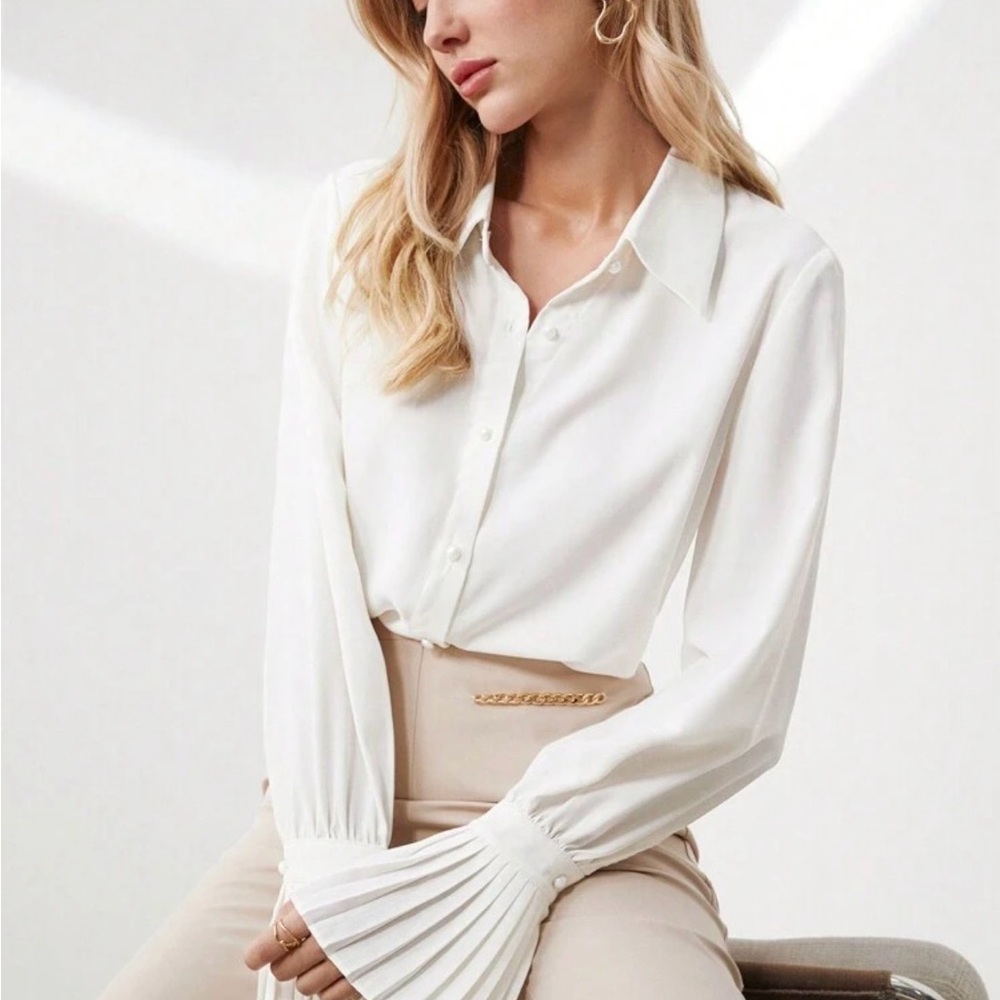 White Pleated Cuff Button-Down Shirt